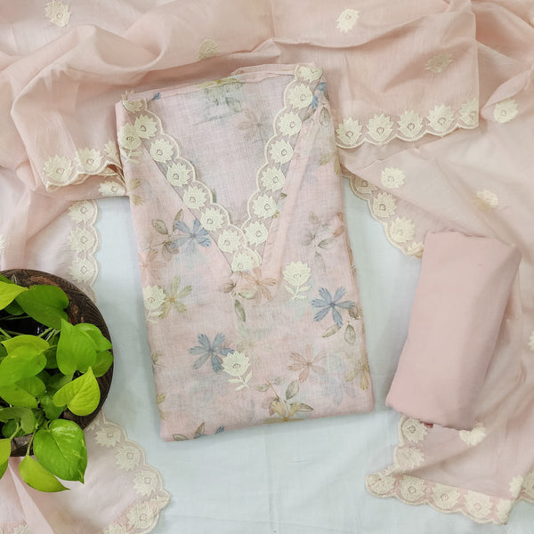 BINITA-Linen Light Pink With V Emboriderey Yoke Top And Cotton Rayon Pink Bottom And Cotton Dupatta With Lace Border Dupatta