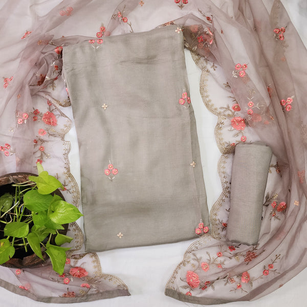 BINITA-Modal Cotton Light Grey With Peach Flower Design Top And Plain Rayon Botton Light Grey And Net Emboriderey Dupatta Suit