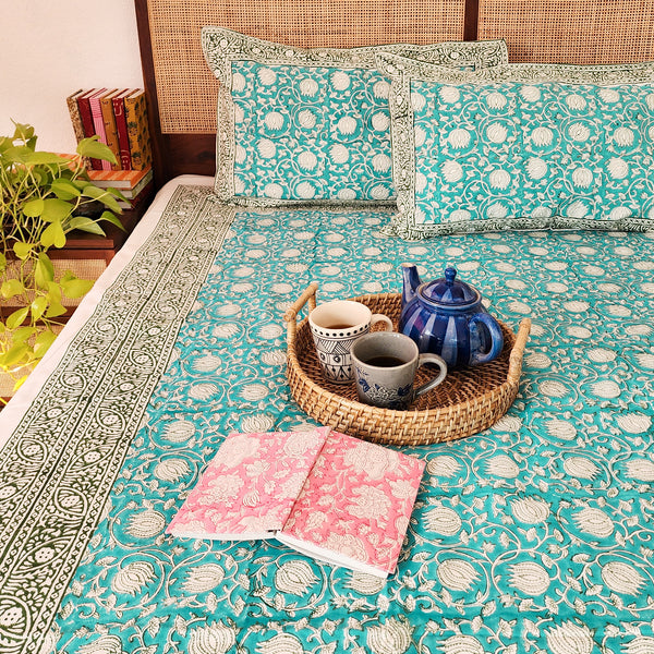 BLUE LOTUS - Pure Cotton Hand Block Printed Jaipuri Bedsheet