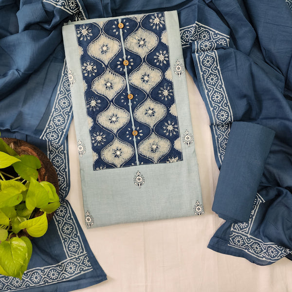 BRINDA-Pure Cotton Blue With Indigo Yoke With Zari Work Top And Pure Cotton Plain Navy Blue Bottom And Cotton Dupatta