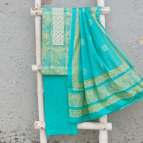 BRINDA-Pure Cotton Light Green With Blue Intricate Design Yoke Top And Plain Bottom And Cotton Dupatta