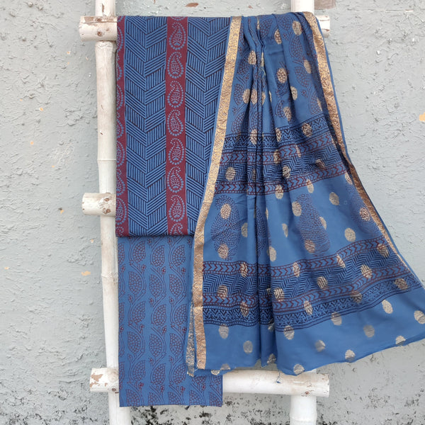Bagh-E-Wafa-Pure Cotton Blue With Maroon Border Design Top And Blue Flower Creeper Design Bottom And Cotton Dupatta