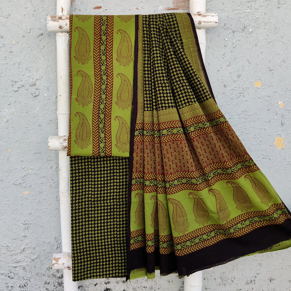 Bagh-E-Wafa-Pure Cotton Green With Black And Red Big Kairi Border Top And Black And Green Tiny Flower Bottom And Cotton Dupatta Unstitched Suit