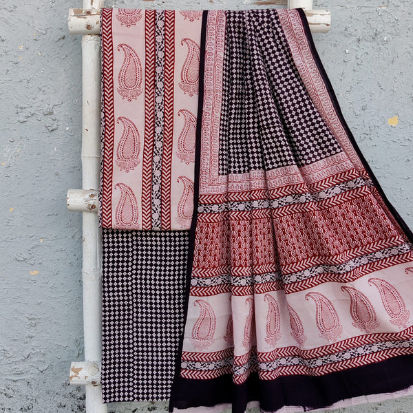 Bagh-E-Wafa-Pure Cotton Off White With Black And Red Kairi Border Top And Black With Off White Tiny Flower Bottom And Cotton Dupatta Unstitched Suit