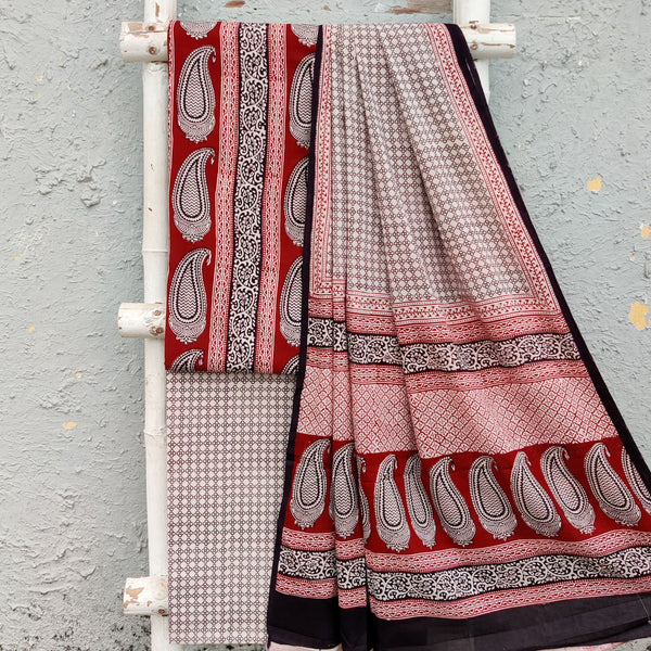 Bagh-E-Wafa-Pure Cotton Red With Off White Big Kairi Border Top And Black With Off White Tiny Flower Bottom And Cotton Dupatta Unstitched Suit