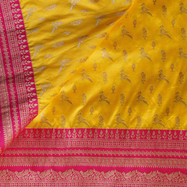 Banaras Brocade Yellow With Pink Big Border Fabric