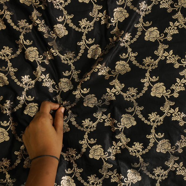 Banarasi Brocade Black With Golden Zari Flower Jaal Fabric