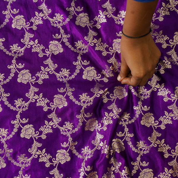 Banarasi Brocade Dark Purple With Golden Zari Flower Jaal Fabric