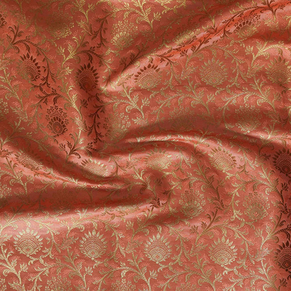 ( Pre-Cut 2 Meter ) Banarasi Brocade Peach With Gold Zari All Over Flower Bud Jaal Woven Fabric