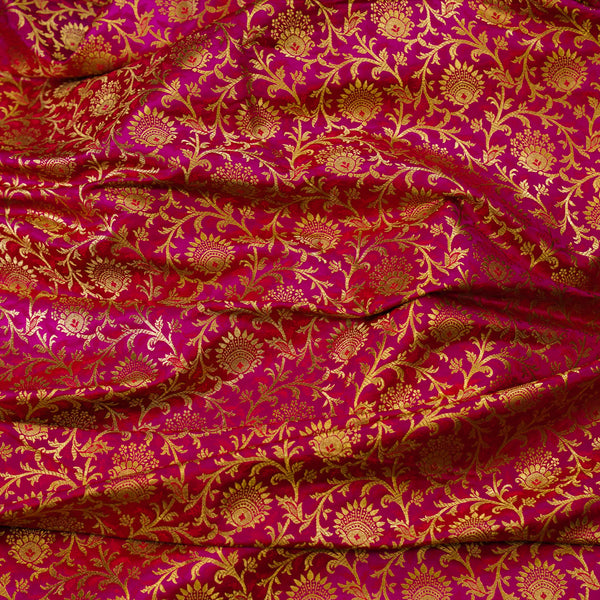 Pre-cut 2.30 meter Banarasi Brocade Pink With Gold Zari Jaal Woven Fabric