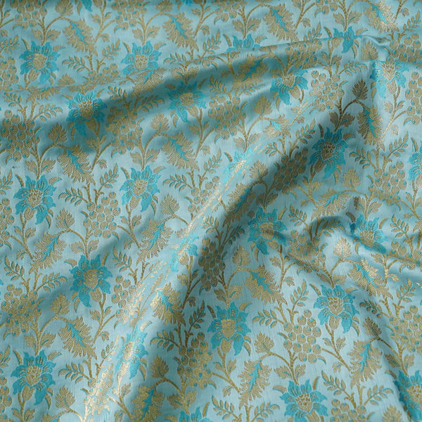 ( Pre-Cut 2.42 Meter ) Banarasi Brocade Royal Pastel Blue With All Over Flower Pattern Woven Fabric