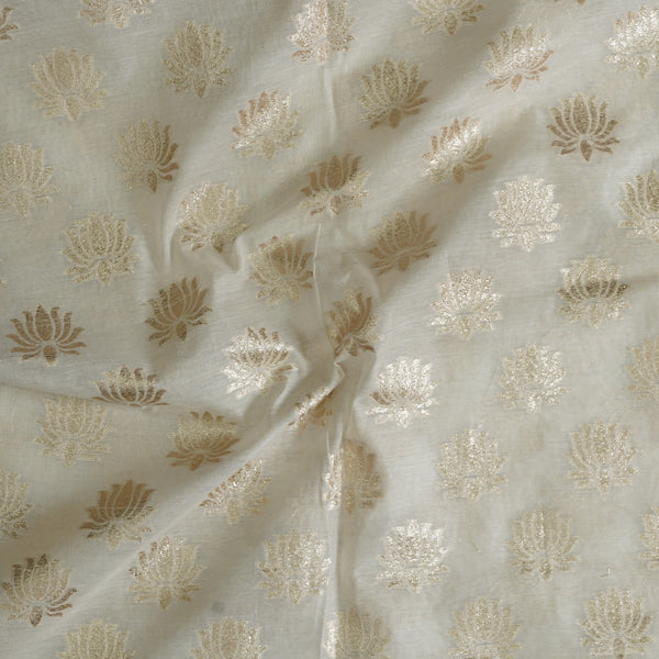 ( Pre-Cut 0.80 Meter )Banarasi Brocade With Cream And Golden Zari Lotus Hand Woven Fabric