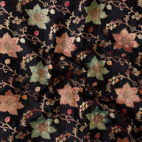 Banarasi Jacquard Black Heavy Multi Flower Jaal Design Hand Woven Fabric