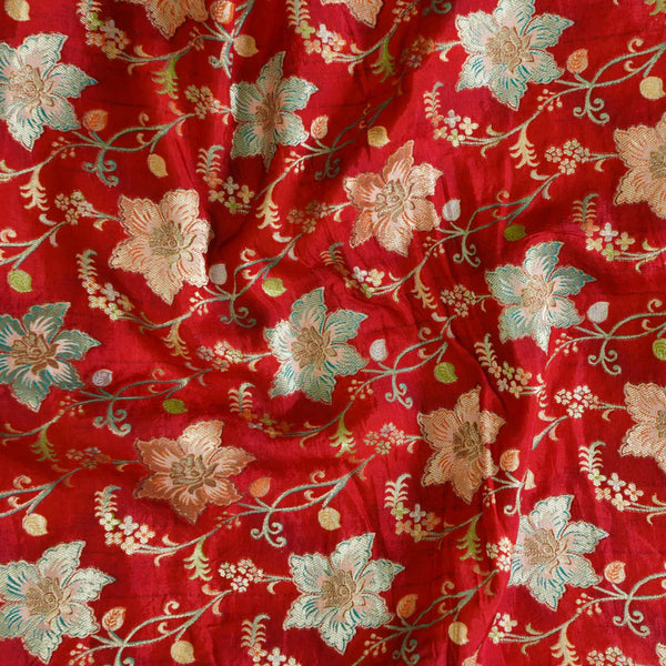 Pre-Cut 1 Meter Banarasi Jacquard Red Heavy Multi Flower Jaal Design Hand Woven Fabric