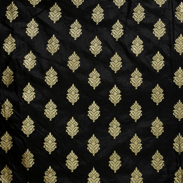 Brocade Black With Golden Zari Leaves Motif Fabric