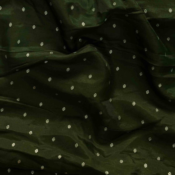 Brocade Dark Green With Silver Dots Hand Woven Fabric