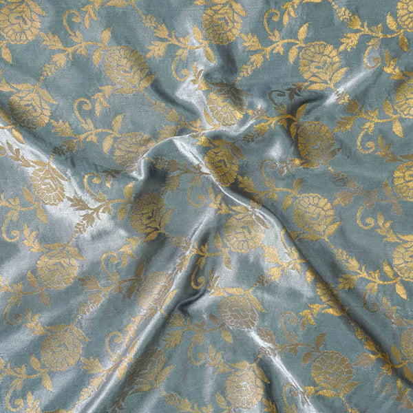 Brocade Grey With Golden Zari Flower Design Hand Woven Fabric