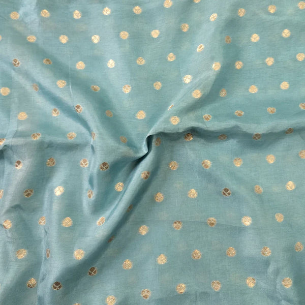 ( PRE-CUT 1 METER ) Brocade Light Blue With Golden Flower Hand Woven Fabric