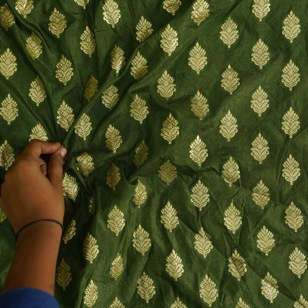 Brocade Mahindi Green With Golden Zari Leaves Motif Fabric