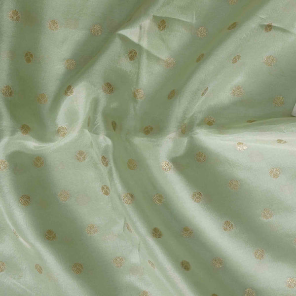 Brocade Mint Green With Golden Zari Flower Motif Hand Woven Fabric