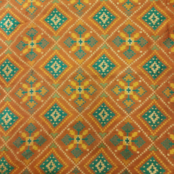 ( Pre-Cut 1 Meter ) Brocade Mustard With Green Intricate Design Hand Woven Fabric