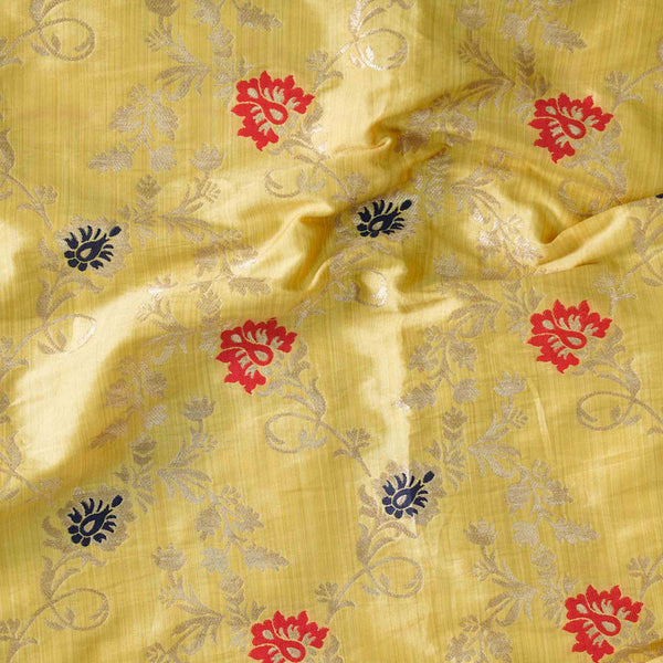 Brocade Mustard With Red And Blue Flower Design Hand Woven Fabric