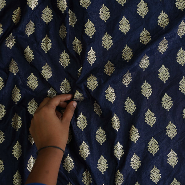 Brocade Navy  Blue With Golden Zari Leaves Motif Fabric