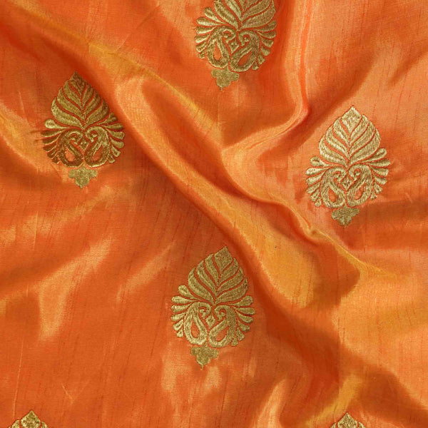 Brocade Orange With Golden Zari Emboriderey Hand Woven Fabric