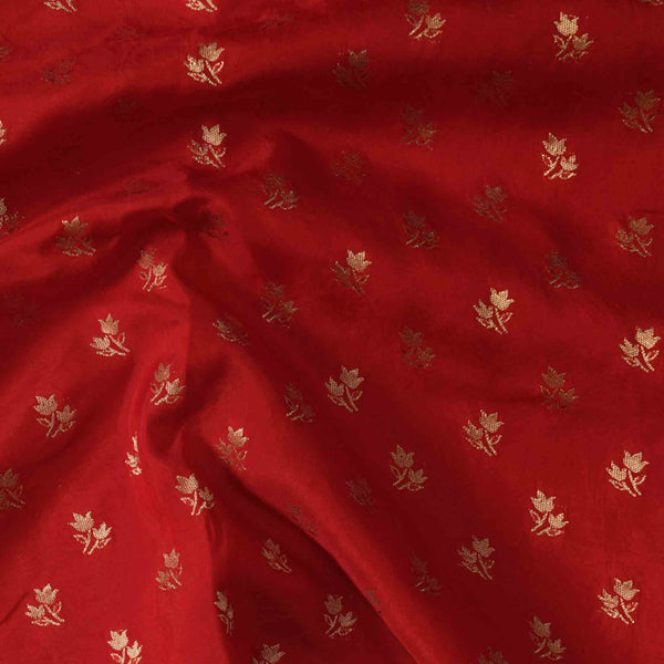 Brocade Red With Golden Zari Flower Motif Hand Woven Fabric