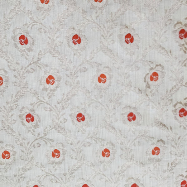 ( Pre-Cut 1.40 Meter ) Brocade White With Orange Flower Hand Woven Fabric