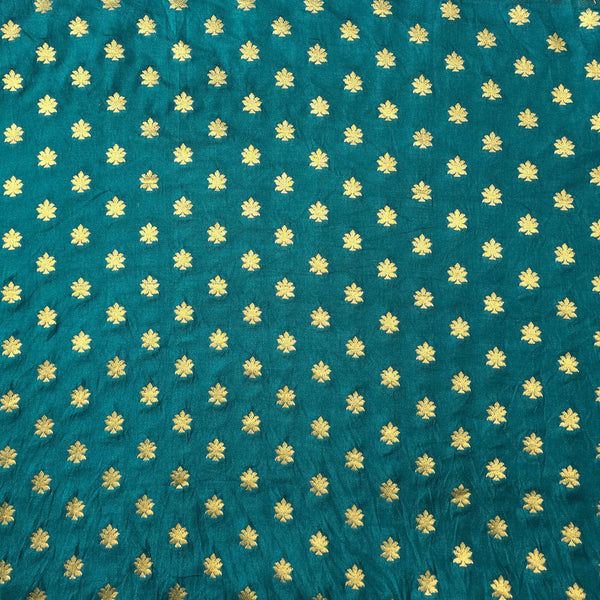 Brocade With Teal Green With Golden Flower Motif Hand Woven Fabric