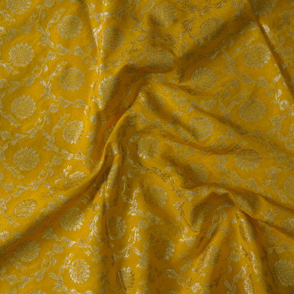 Brocade Yellow With Golden Zari Flower Jaal Hand Woven Fabric