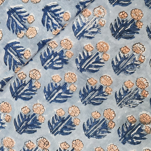 Pre Cut (0.80 Meter) Pure Cotton Jaipuri Blue With Light Brown Flower Motif Hand Block Print Fabric