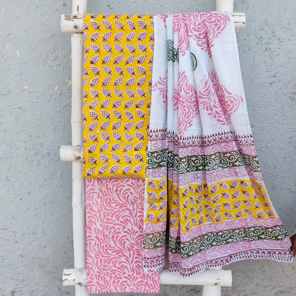 ROZANA-Pure Cotton Yellow With Pink Strawberry Motifs Top And White And Pink Bottom And Cotton Dupatta