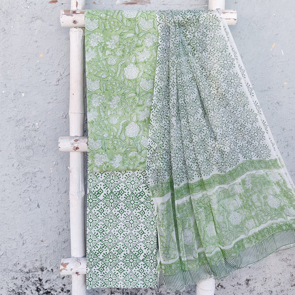 ROZANA - Pure Cotton Jaipuri  Green With White  Flower Jaal Top And White With Green  Bottom And Chiffion Dupatta Unstitched Suit Set