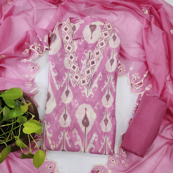 CHHAYA-Muslin Pink With White And V Neck Design Top And Plain Bottom And Chiffion Border Design Dupatta Suit