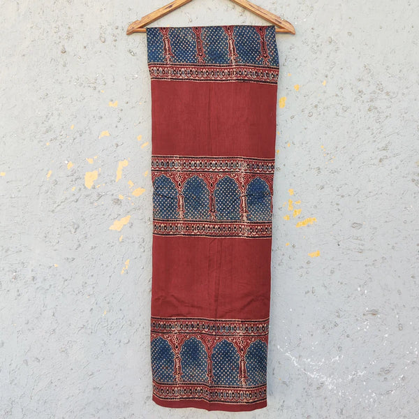 ( PRE-CUT 1 METER ) Chanderi Silk Rust Maroon With Rust Blue Border Hand Block Print Fabric