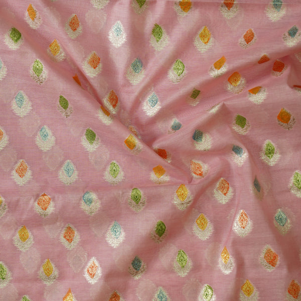 Chanderi Baby Pink Multi Colour Design Leaves Motif Hand Woven Fabric