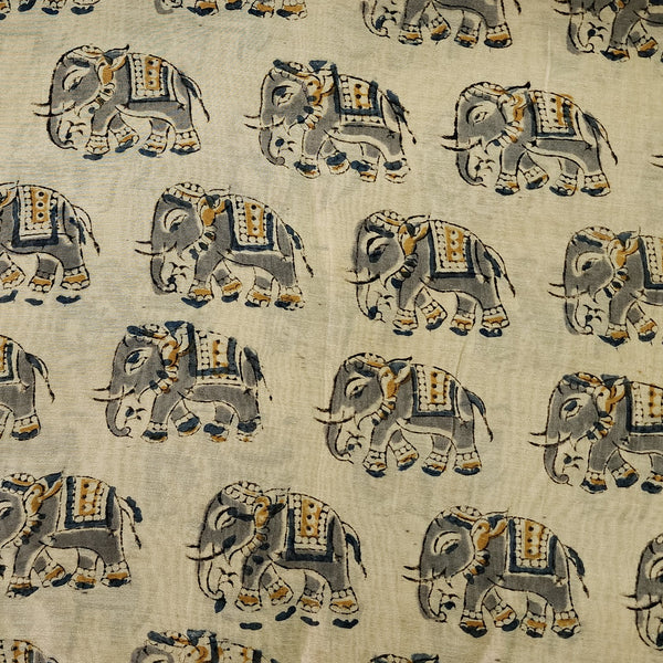 ( Pre-Cut 1.57 Meter ) Chanderi  Kalamkari Cream With Blue And Grey Elephant Motif Hand Block Print Fabric