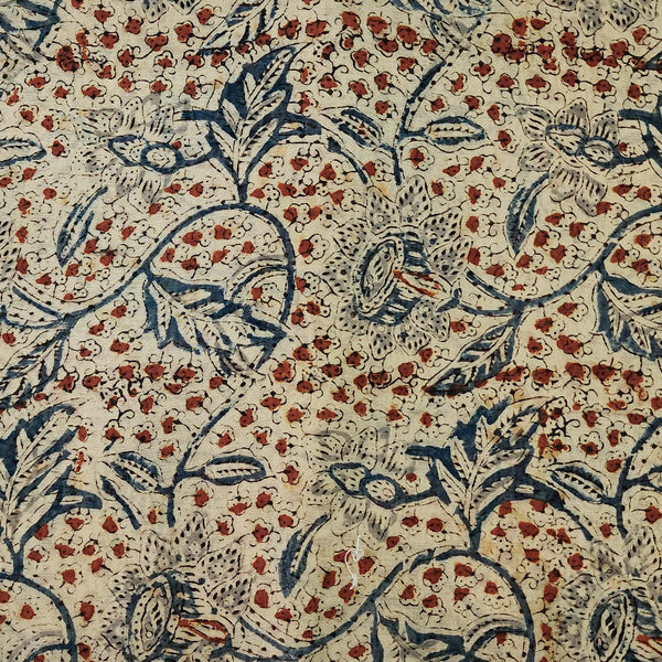 Chanderi  Kalamkari Cream With Blue And Red Fruit Jaal Hand Block Print Fabric