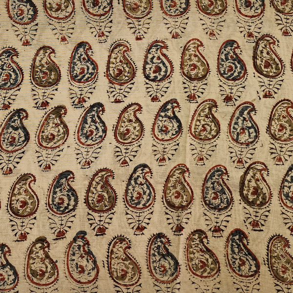 Chanderi  Kalamkari Cream With Rust Blue And Red Kairi Small Motif Hand Block Print Fabric