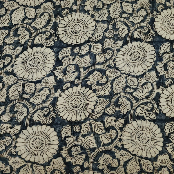 ( Precut 1 Meter ) Chanderi Kalamkari Rust Blue With White Big Flower Jaal Hand Block Print Fabric