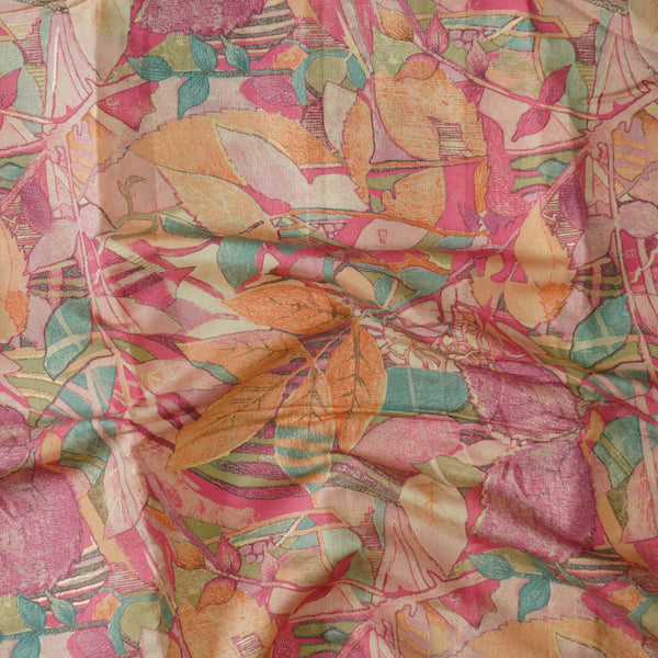 Chanderi Silk Printed Pink With Orange Flower Design Fabric