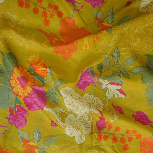 Pure Muslin Yellow with Pink And Orange Flower Design Printed Fabric