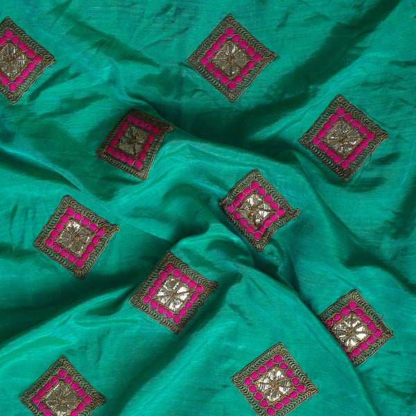 Chanderi Teal Blue With Pink Design In Square Fabric