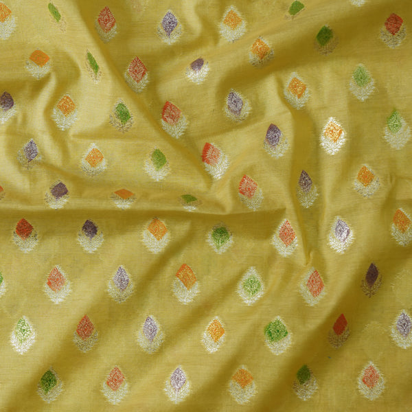 Chanderi Yellow Multi Colour Design Leaves Motif Hand Woven Fabric