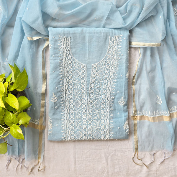 Chaudhavi ka Chand -Mul Chanderi Sky Blue  With Heavy Aari Work Yoke Top And Mul Chanderi Dupatta Suit