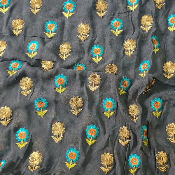 ( Pre-Cut 1 Meter ) Goergete Grey With Blue And Gold Embroidered Motifs Running Fabric