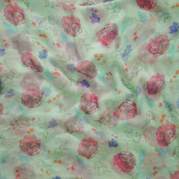 Chiffon Light Blue With Purple And Pink Flower Fabric