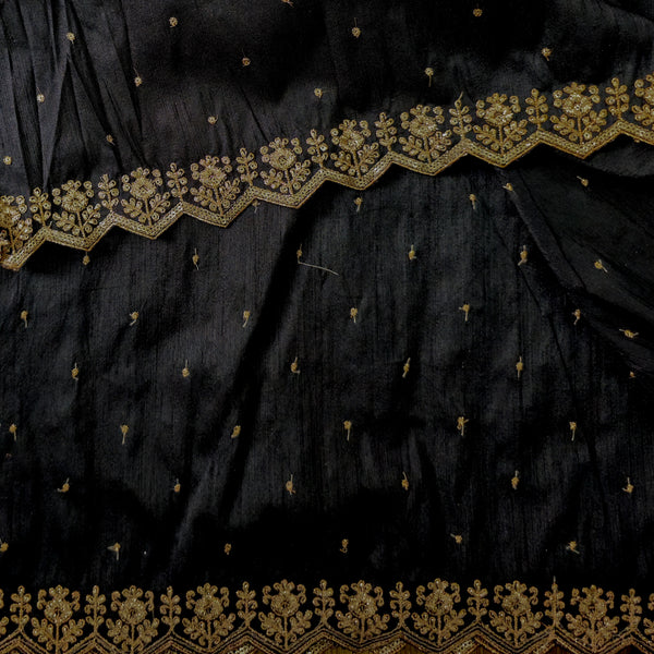 Cotton Silk Black With Goldenish Heavy Aari Work Border Hand Woven Fabric